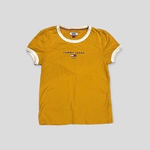 TOMMY HILFIGER TOMMY JEANS YELLOW TEE SHIRT WITH WHITE DETAILING AND LOGO XS